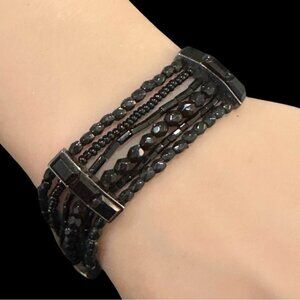 Multi-Strand Black Beaded Bracelet With Silver-Tone Accents & Snap Closure